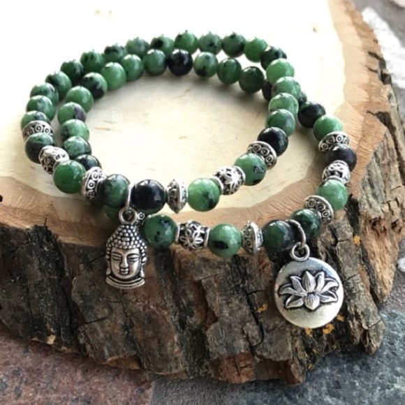 Silverskylight Jewelry - Boho set buddha & lotus flower & ruby in zoisite